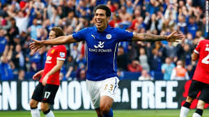 Leicester Striker Leonardo Ulloa celebrating after scoring against United in the 5-3 win