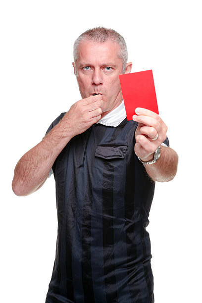 "Football referee showing you the red card, isolated on a white background."